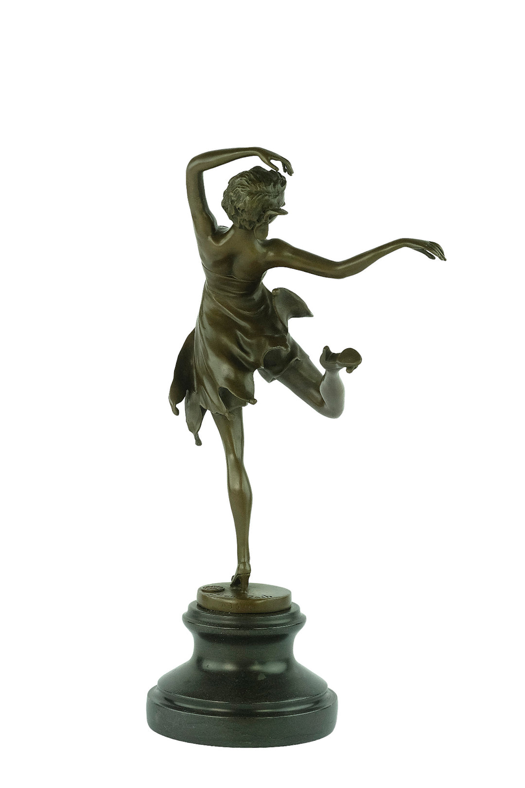Bronze sculpture of a female dancer in a flowy dress