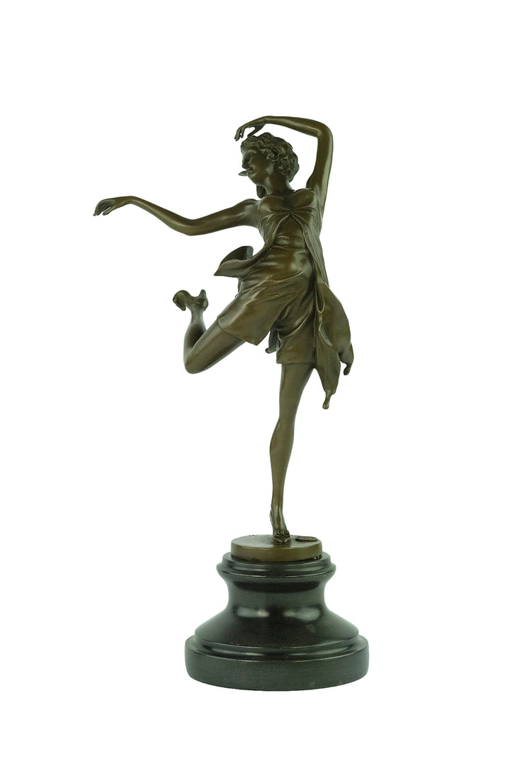 Bronze sculpture of a female dancer in a flowy dress