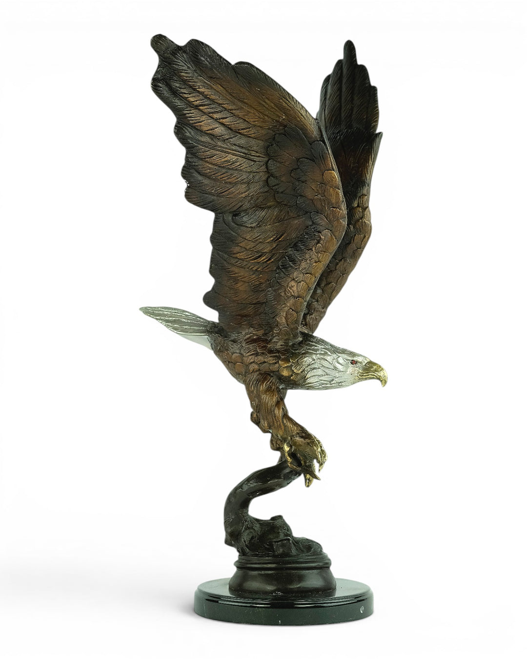 Bronze sculpture of a fishing eagle with wings spread