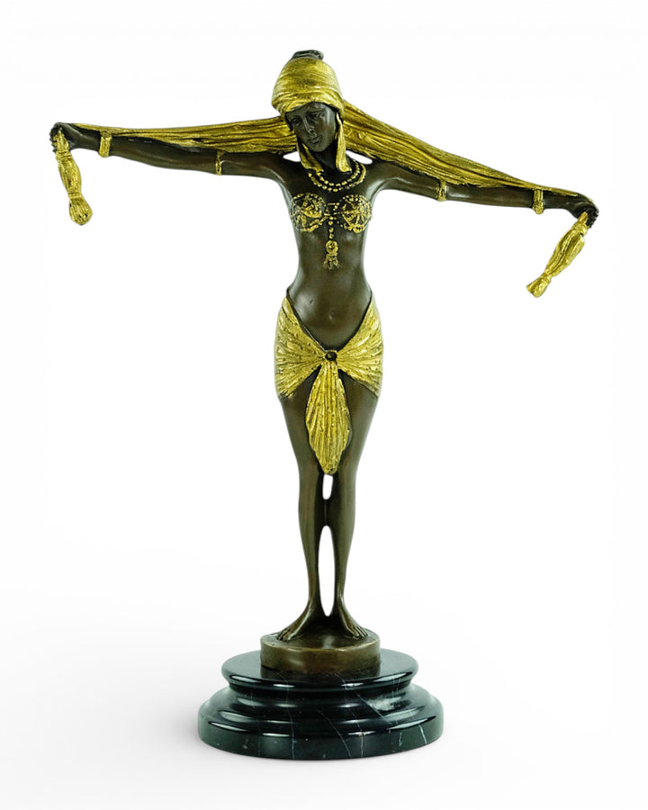Bronze sculpture of an Art Deco style scarf dancer