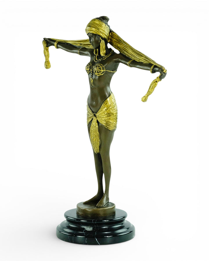 Bronze sculpture of an Art Deco style scarf dancer