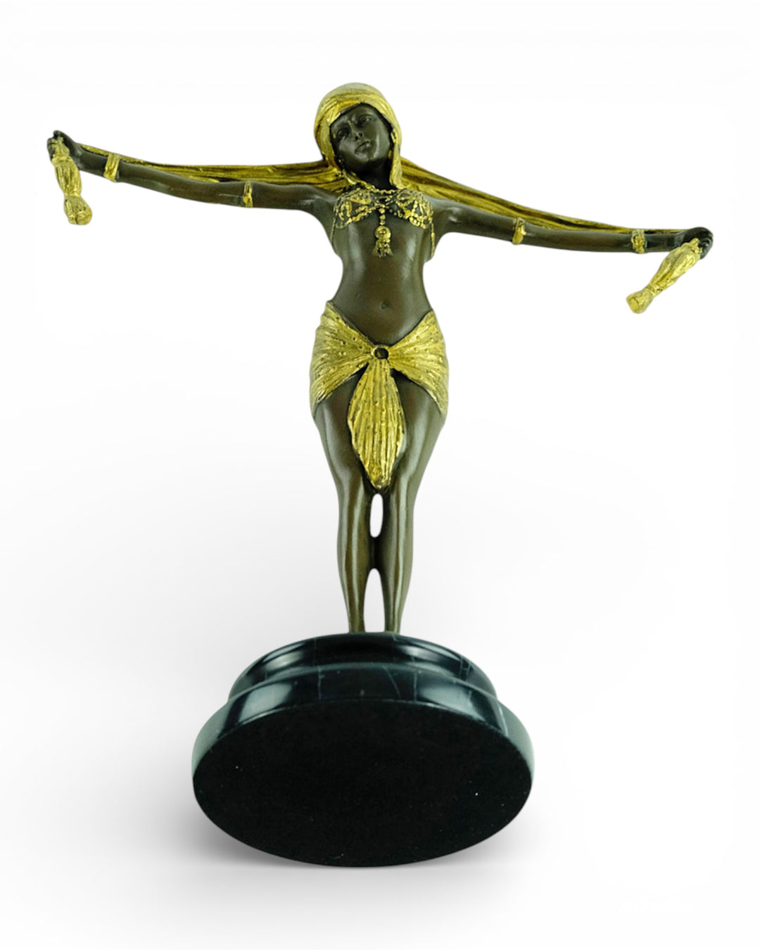 Bronze sculpture of an Art Deco style scarf dancer