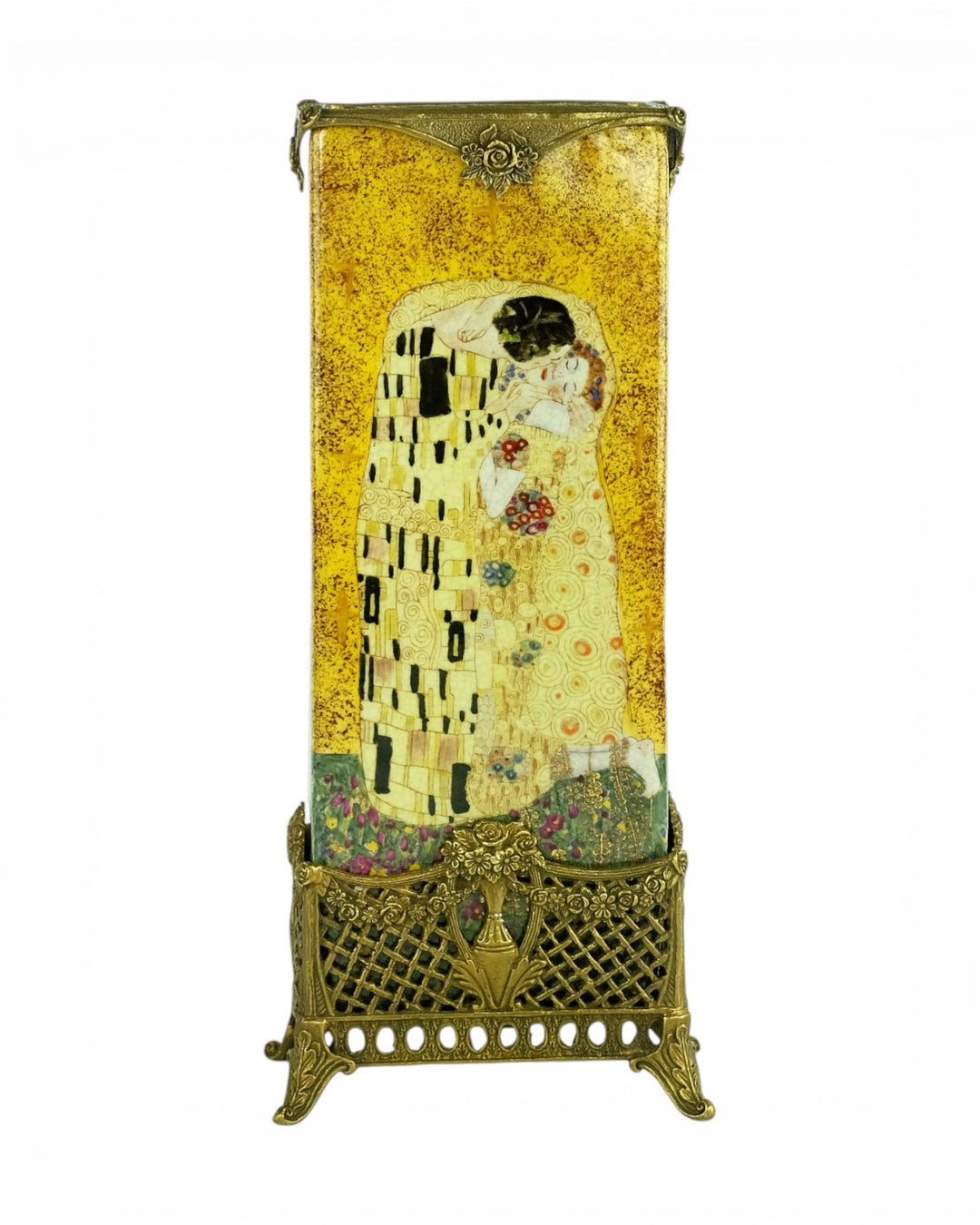 Porseleinen vaas in brons met Gustav Klimt decor