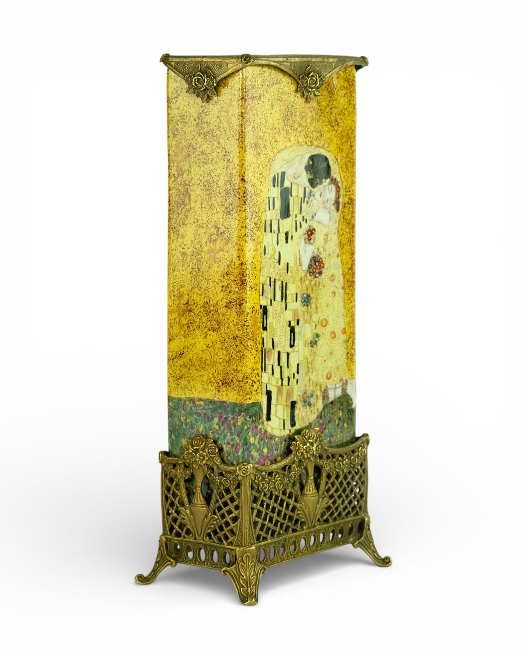 Porseleinen vaas in brons met Gustav Klimt decor
