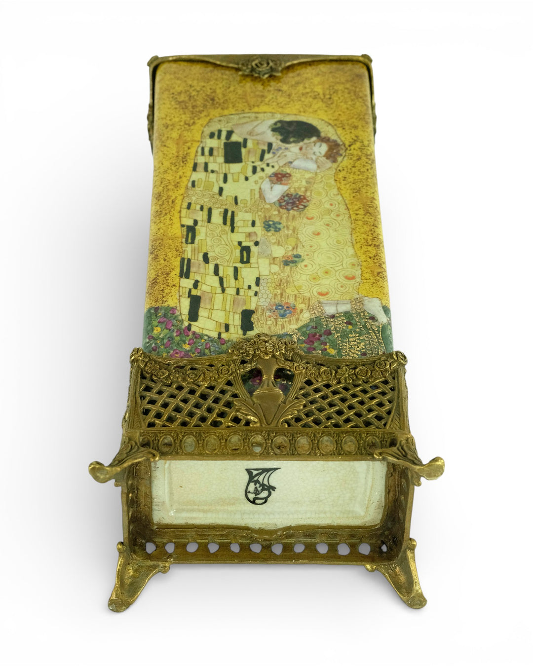 Porseleinen vaas in brons met Gustav Klimt decor