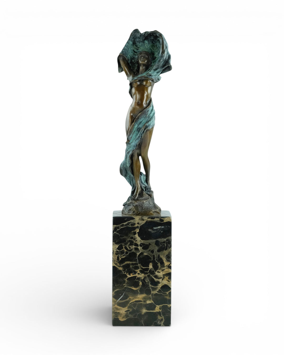Modern bronze sculpture of dancing female nude with scarf