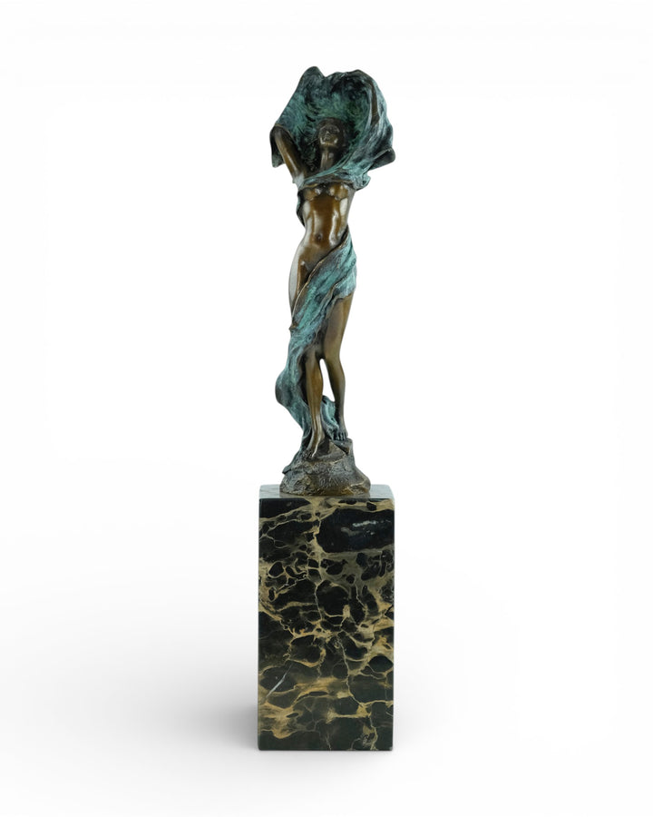 Modern bronze sculpture of dancing female nude with scarf