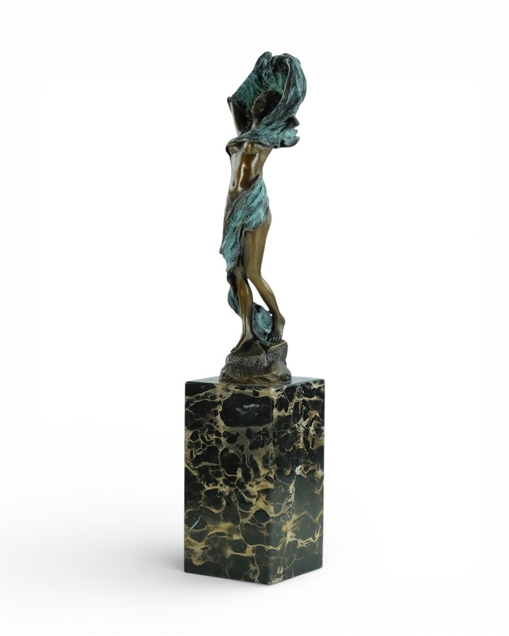Modern bronze sculpture of dancing female nude with scarf