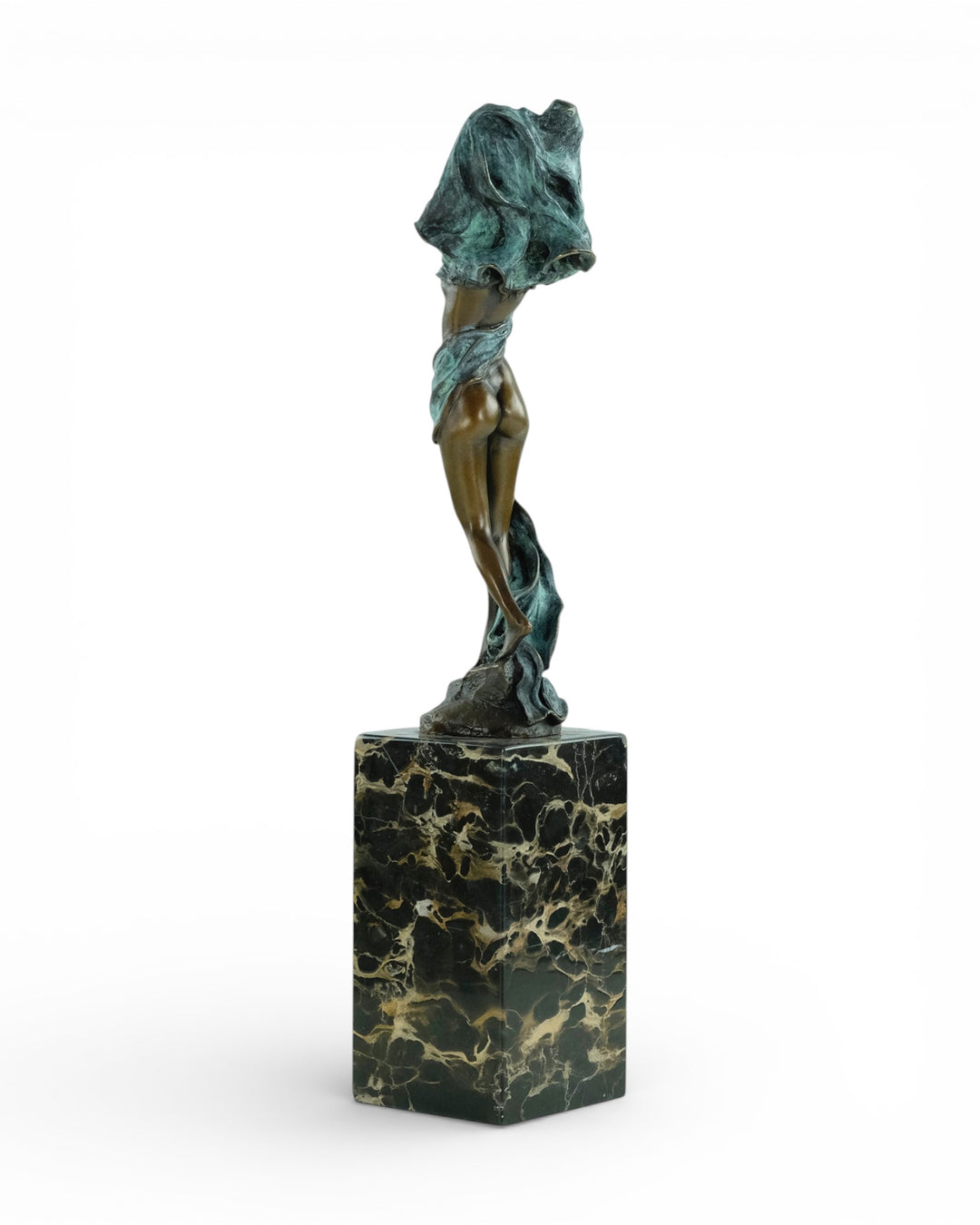 Modern bronze sculpture of dancing female nude with scarf