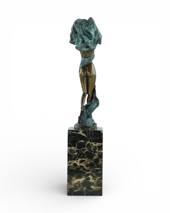 Modern bronze sculpture of dancing female nude with scarf