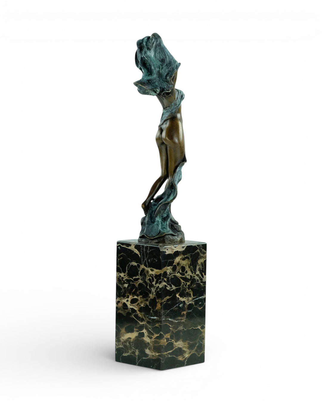Modern bronze sculpture of dancing female nude with scarf