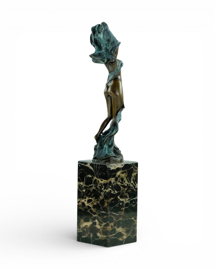 Modern bronze sculpture of dancing female nude with scarf