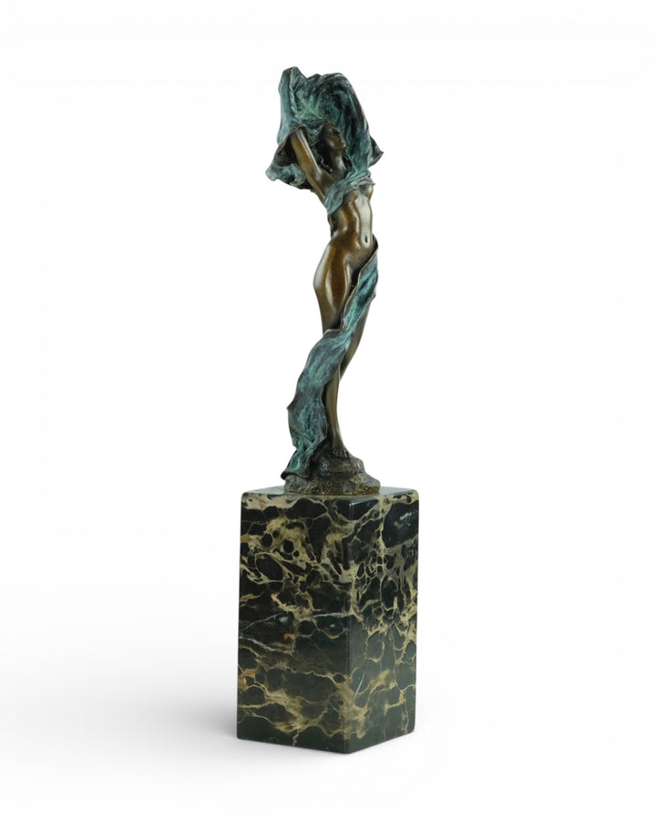 Modern bronze sculpture of dancing female nude with scarf