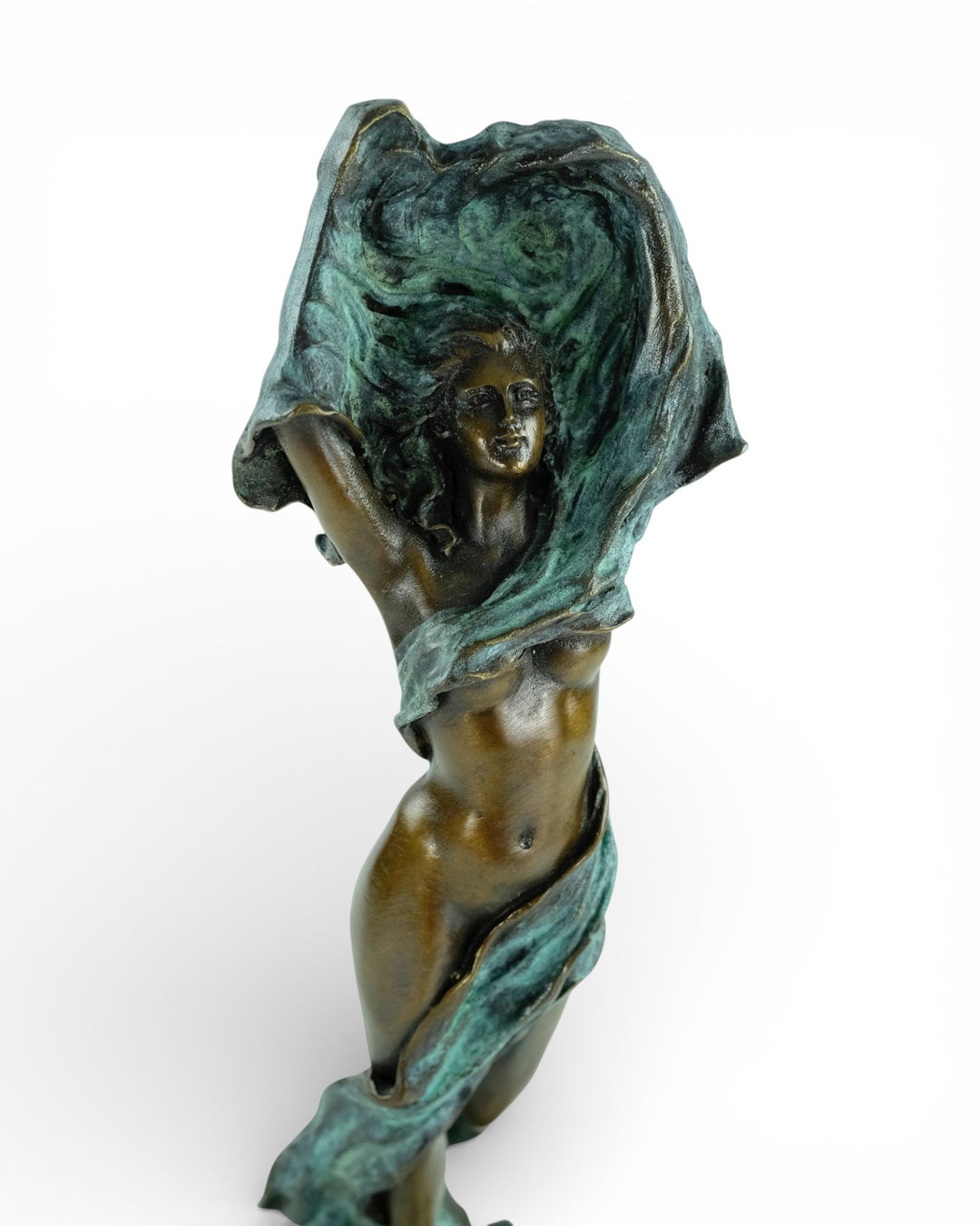 Modern bronze sculpture of dancing female nude with scarf