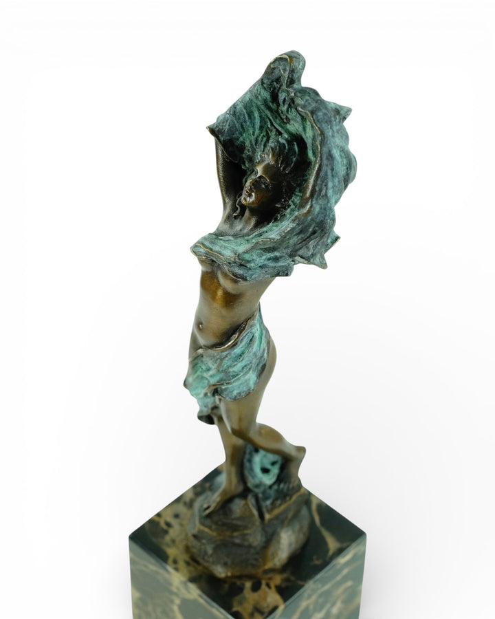 Modern bronze sculpture of dancing female nude with scarf