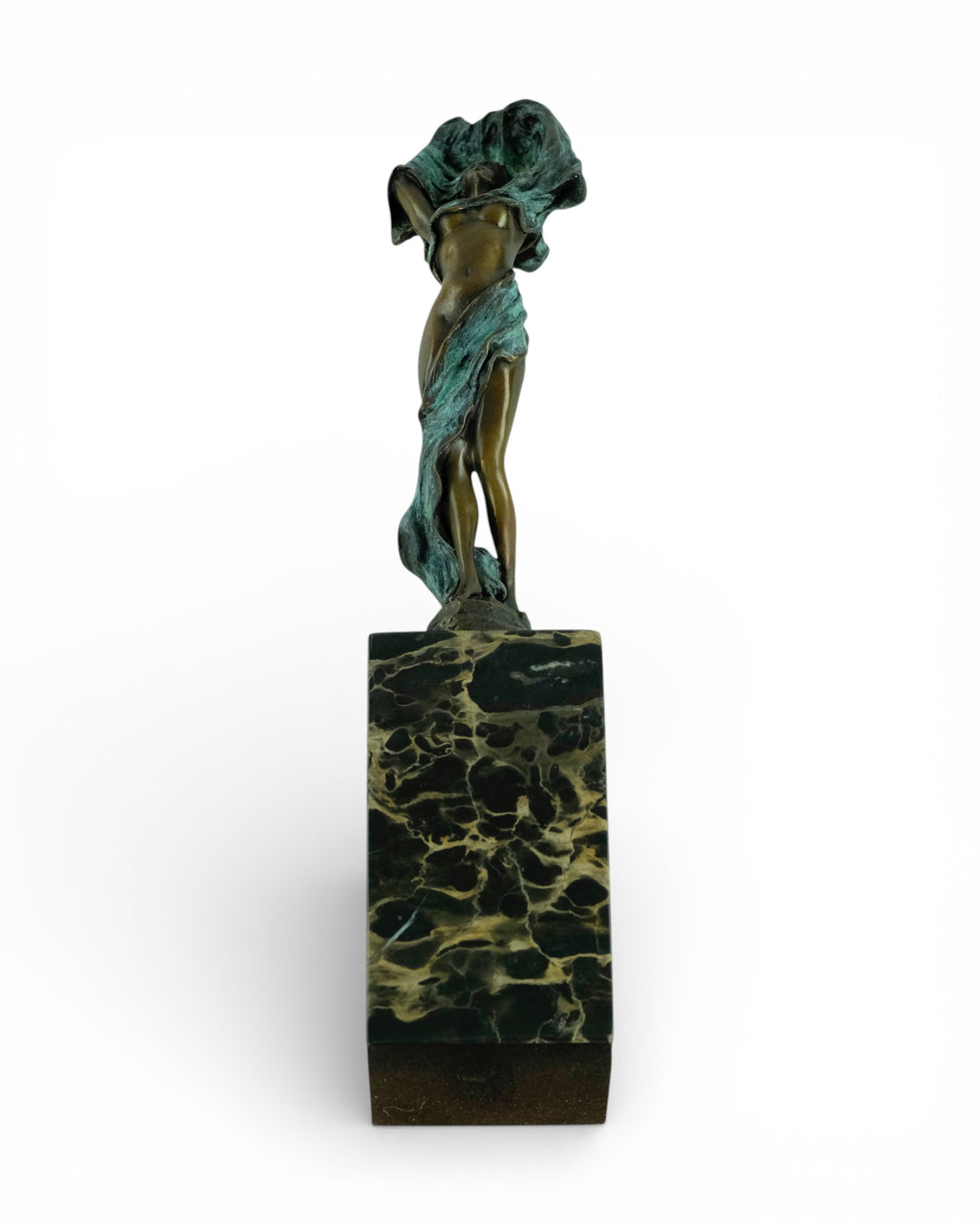 Modern bronze sculpture of dancing female nude with scarf