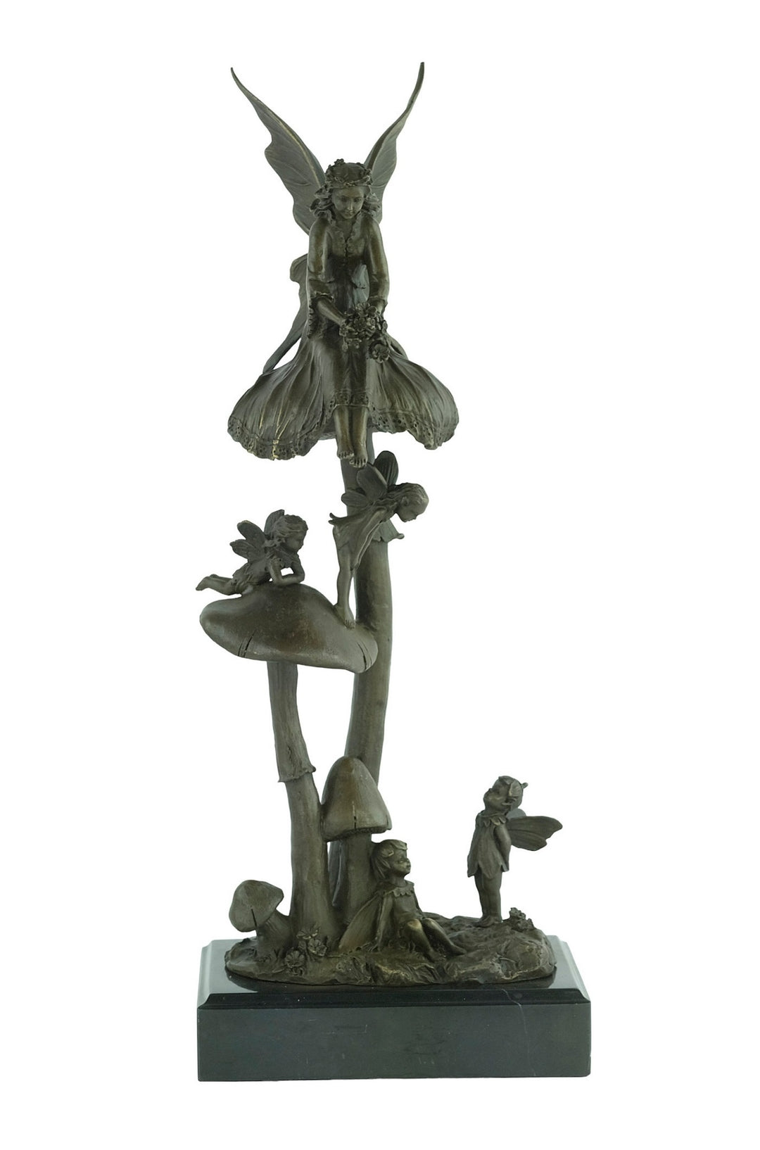 Bronze sculpture of a group of fairies sitting on mushrooms