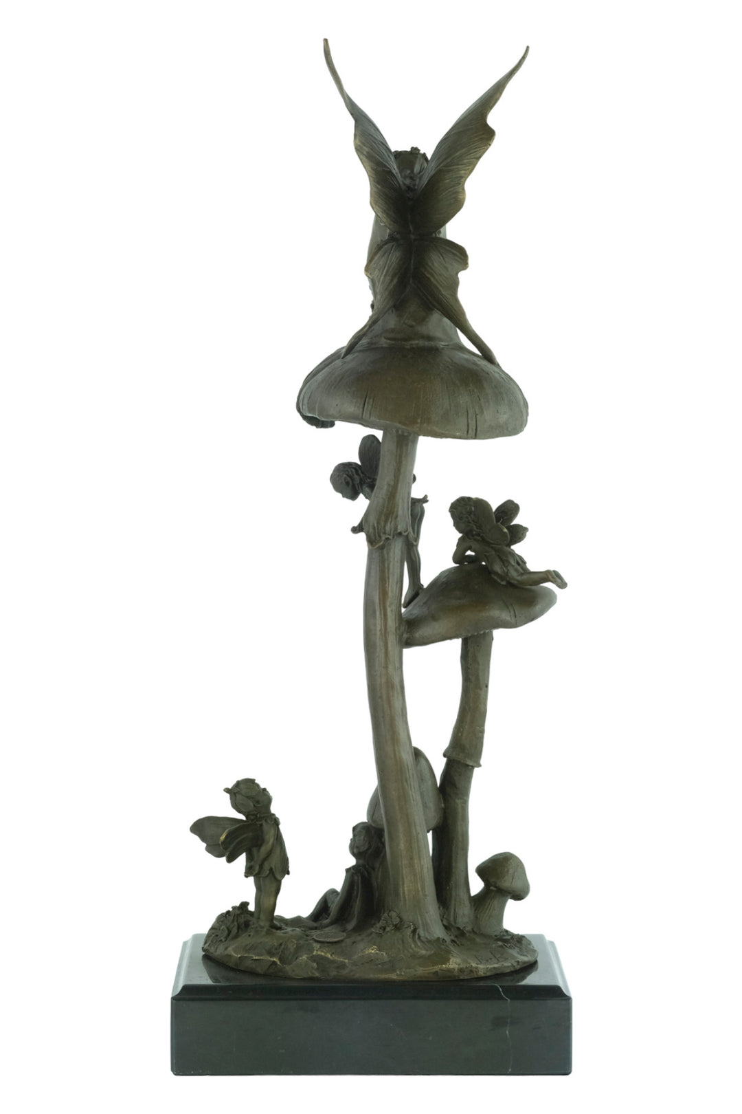 Bronze sculpture of a group of fairies sitting on mushrooms