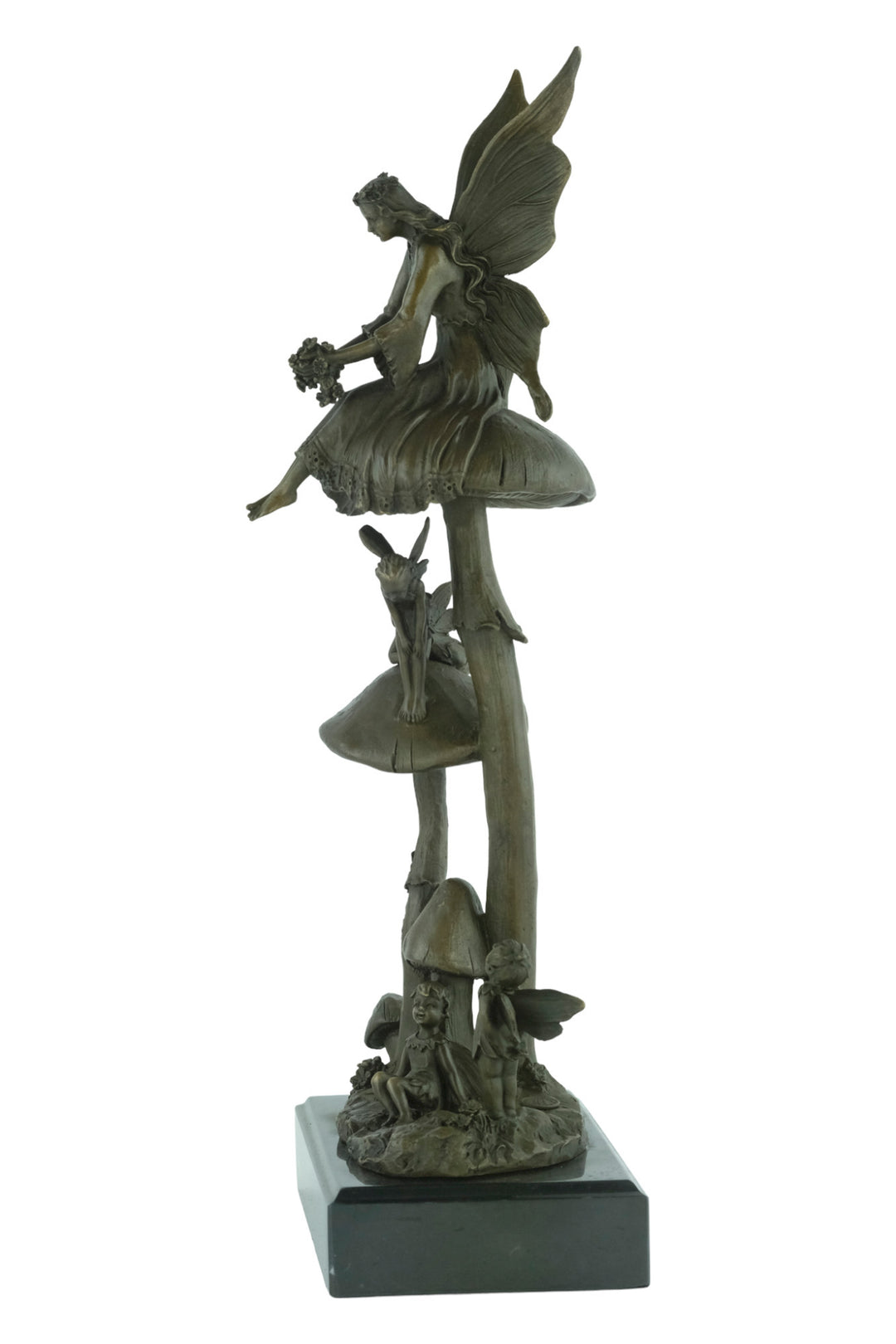 Bronze sculpture of a group of fairies sitting on mushrooms