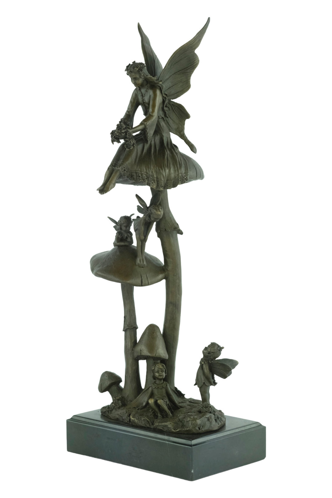 Bronze sculpture of a group of fairies sitting on mushrooms
