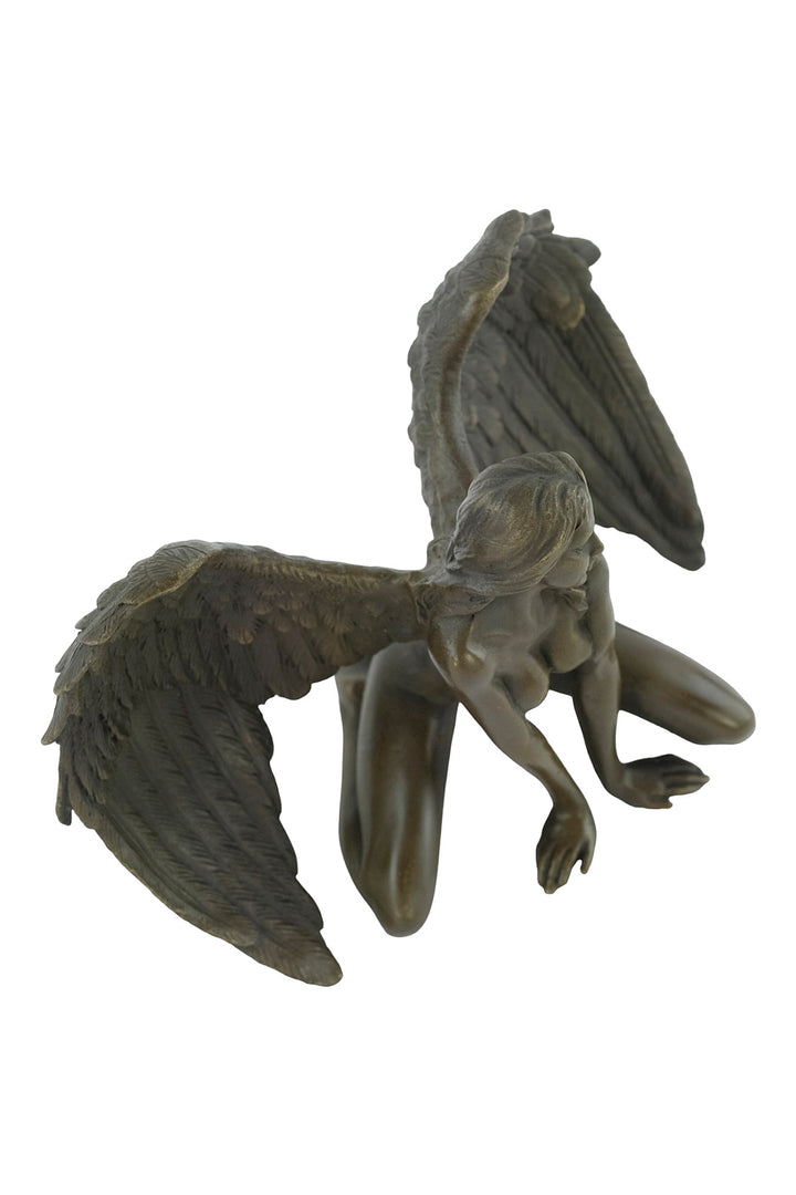 Bronze sculpture of a winged female nude leaning forward