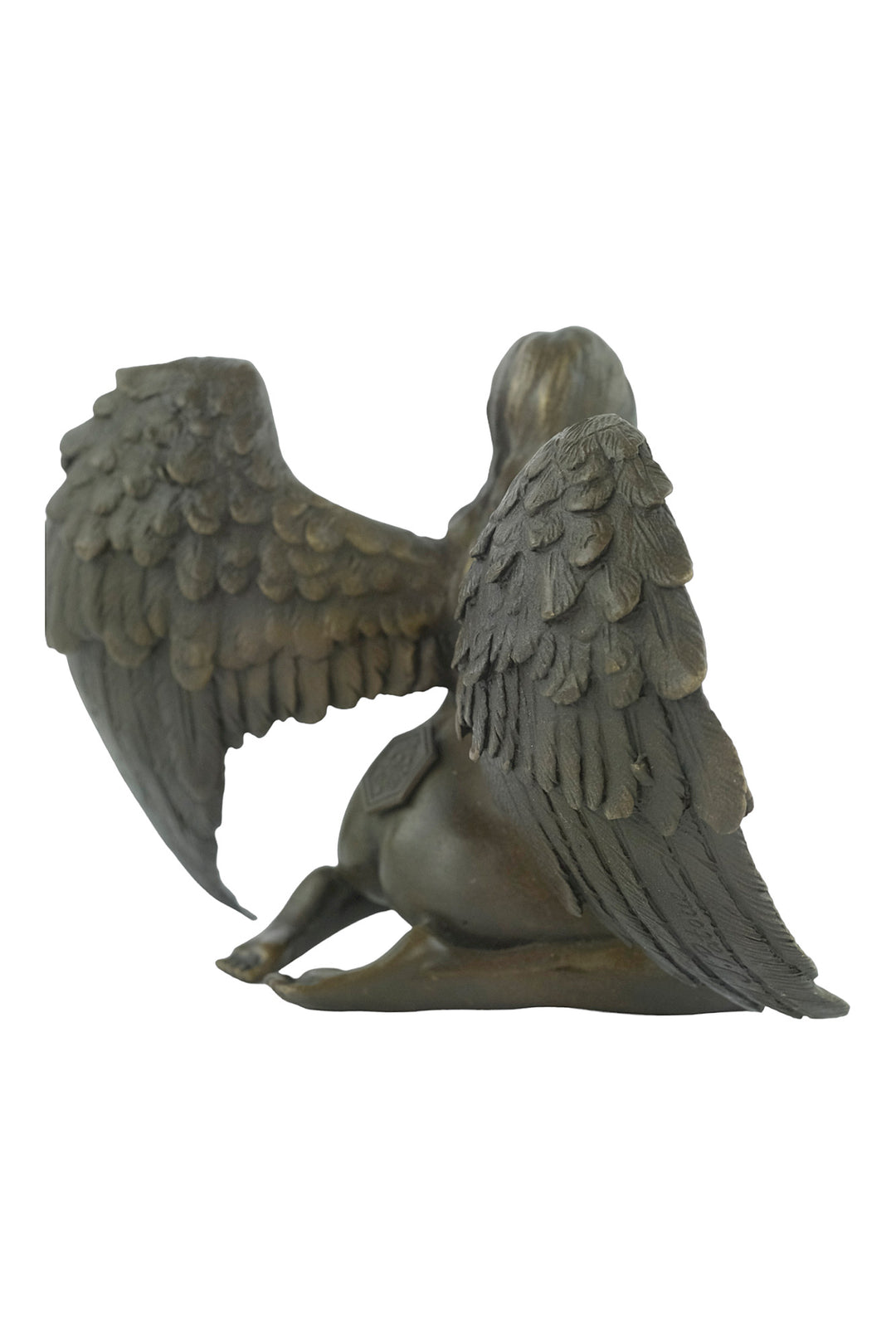 Bronze sculpture of a winged female nude leaning forward