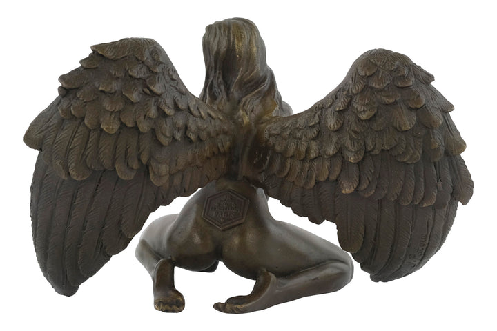 Bronze sculpture of a winged female nude leaning forward
