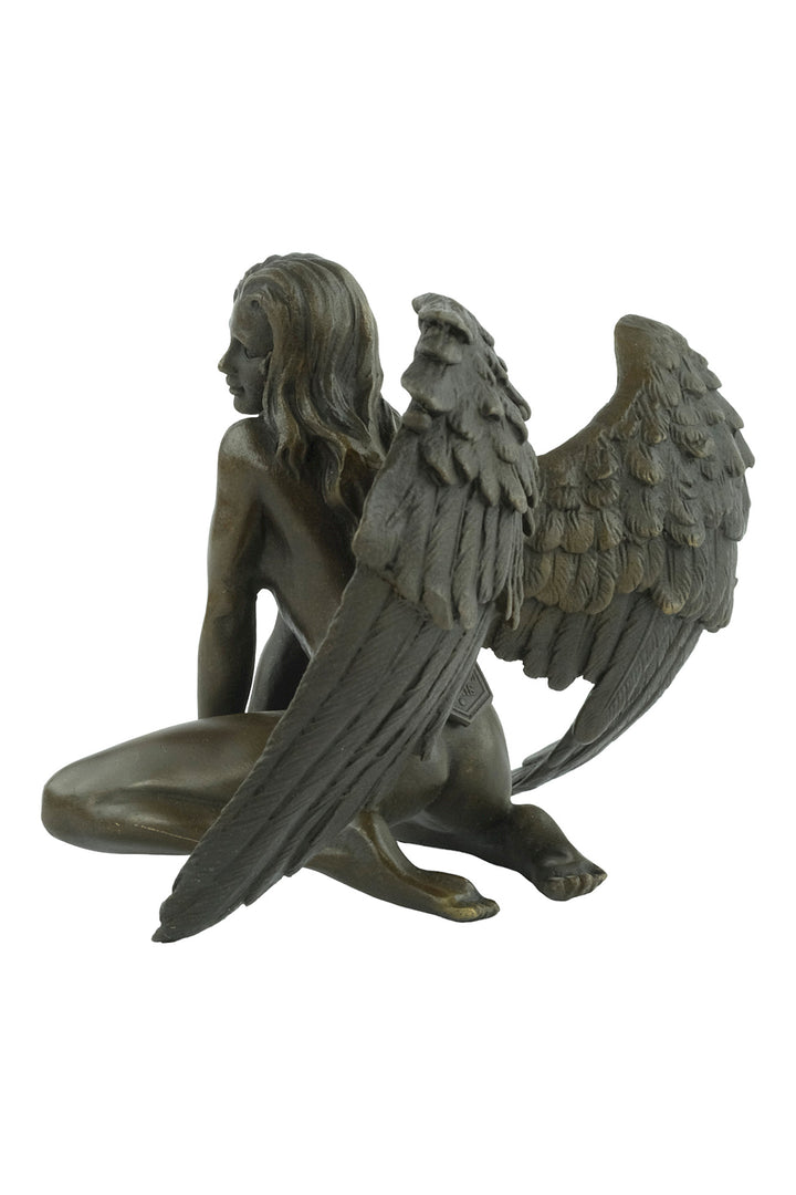 Bronze sculpture of a winged female nude leaning forward