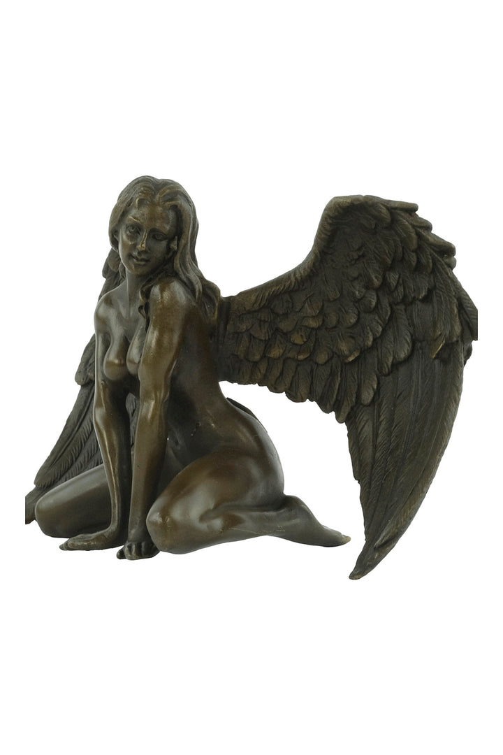 Bronze sculpture of a winged female nude leaning forward