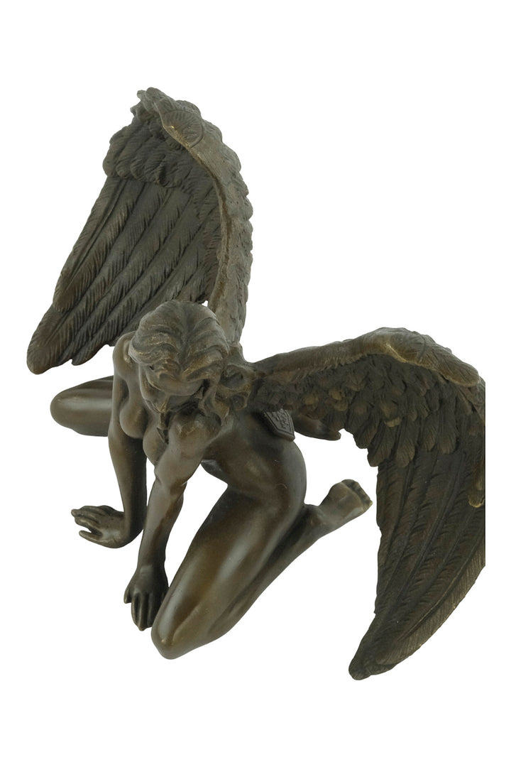 Bronze sculpture of a winged female nude leaning forward