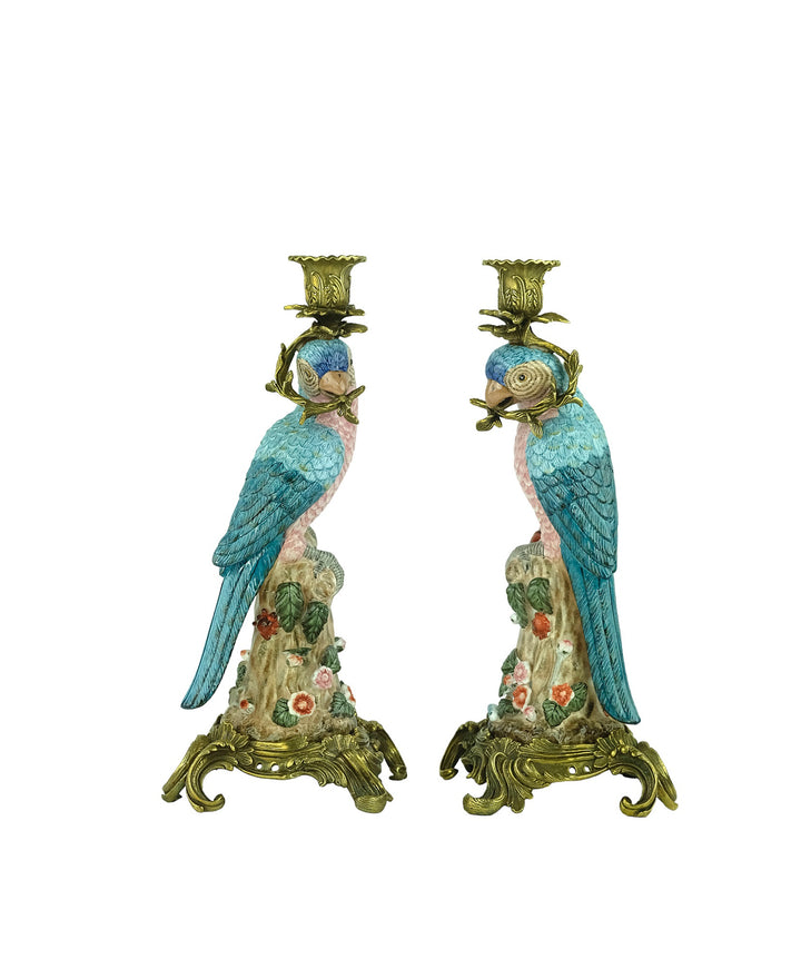 Bronze mounted porcelain parrot candleholders
