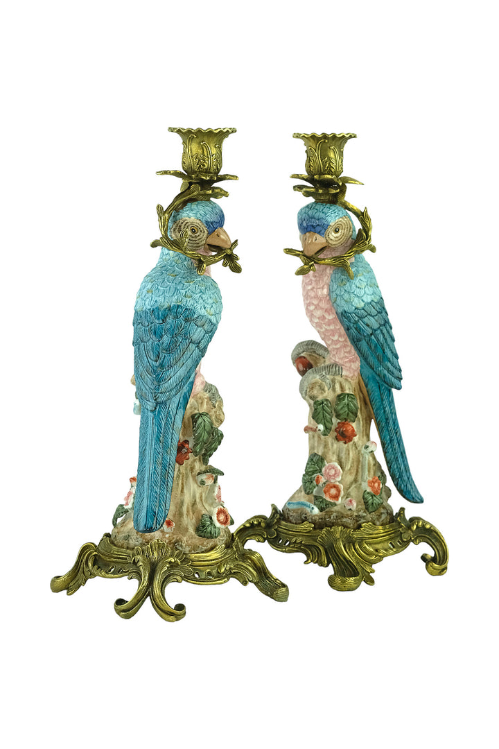 Bronze mounted porcelain parrot candleholders
