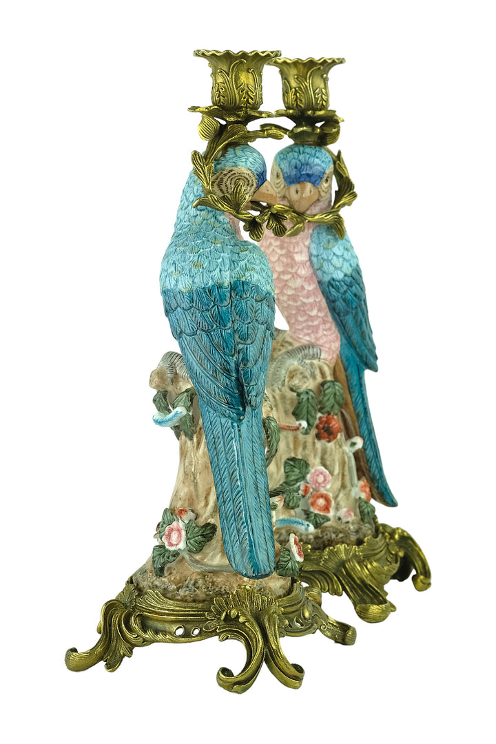 Bronze mounted porcelain parrot candleholders