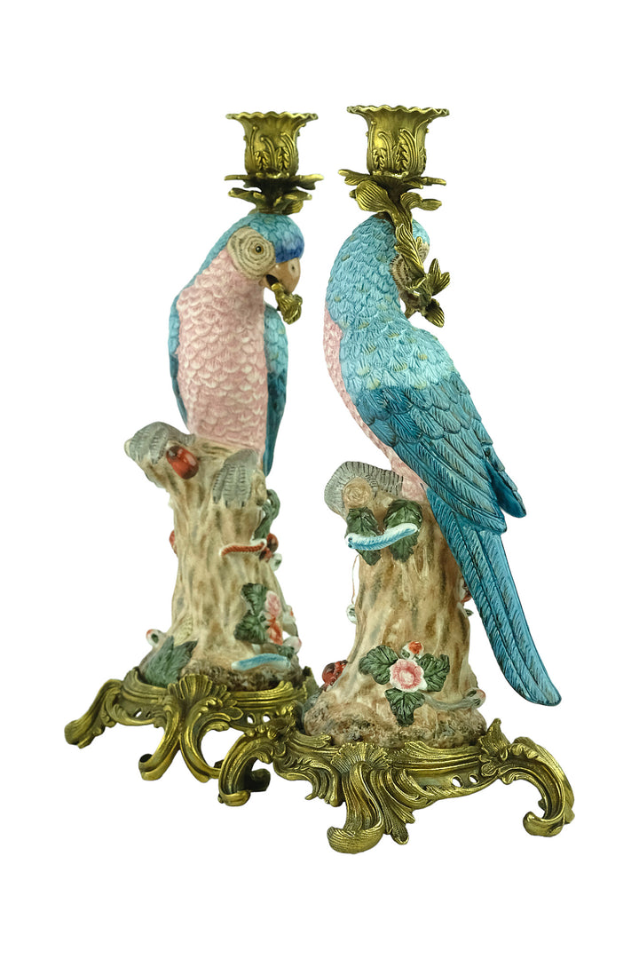 Bronze mounted porcelain parrot candleholders
