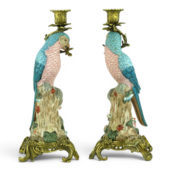 Paire de bougeoirs en porcelaine à perroquets avec monture en bronze