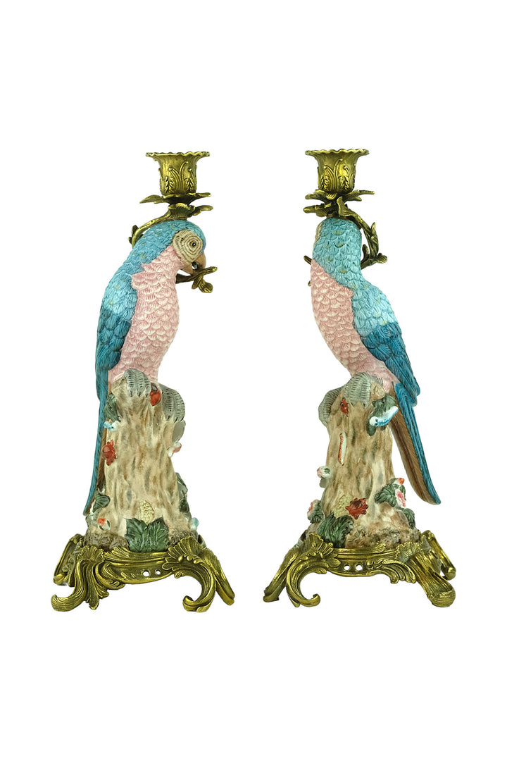 Bronze mounted porcelain parrot candleholders