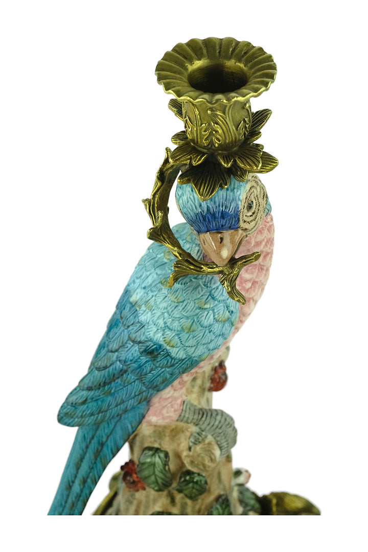 Bronze mounted porcelain parrot candleholders