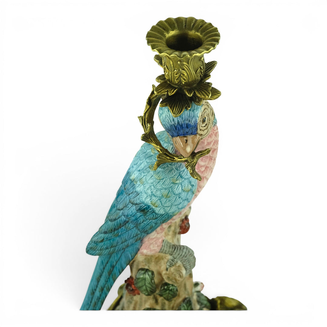Paire de bougeoirs en porcelaine à perroquets avec monture en bronze