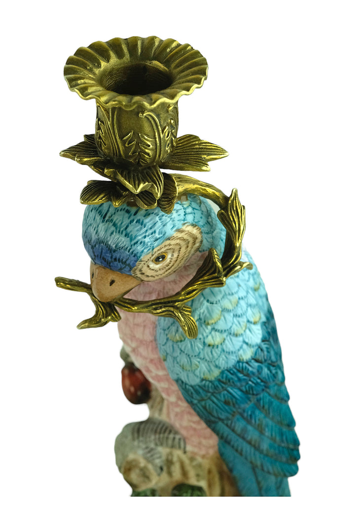 Bronze mounted porcelain parrot candleholders