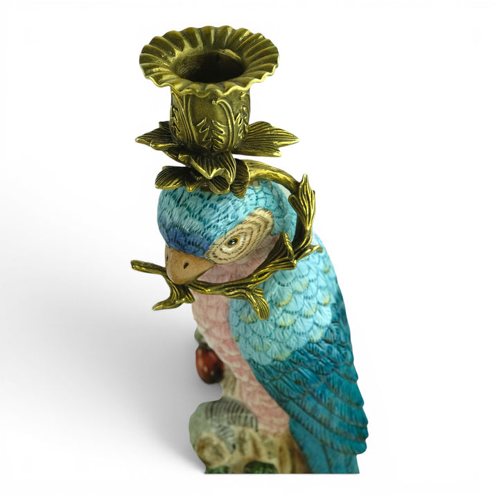 Paire de bougeoirs en porcelaine à perroquets avec monture en bronze
