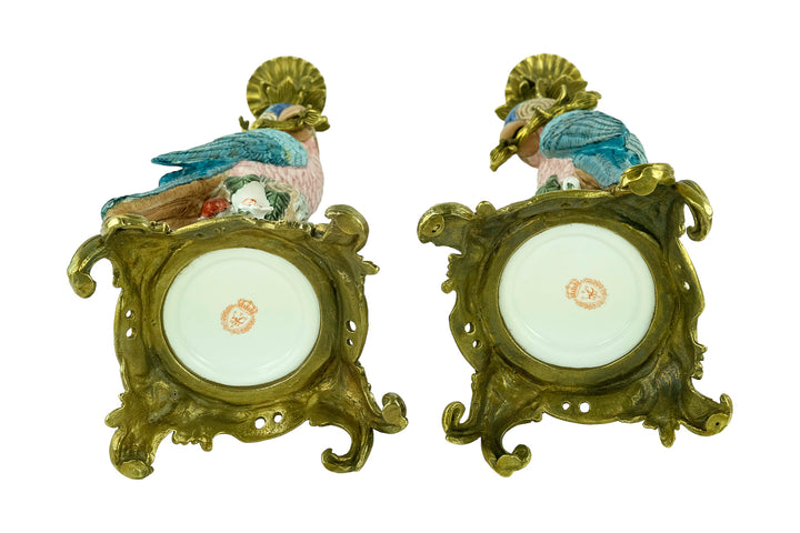 Bronze mounted porcelain parrot candleholders