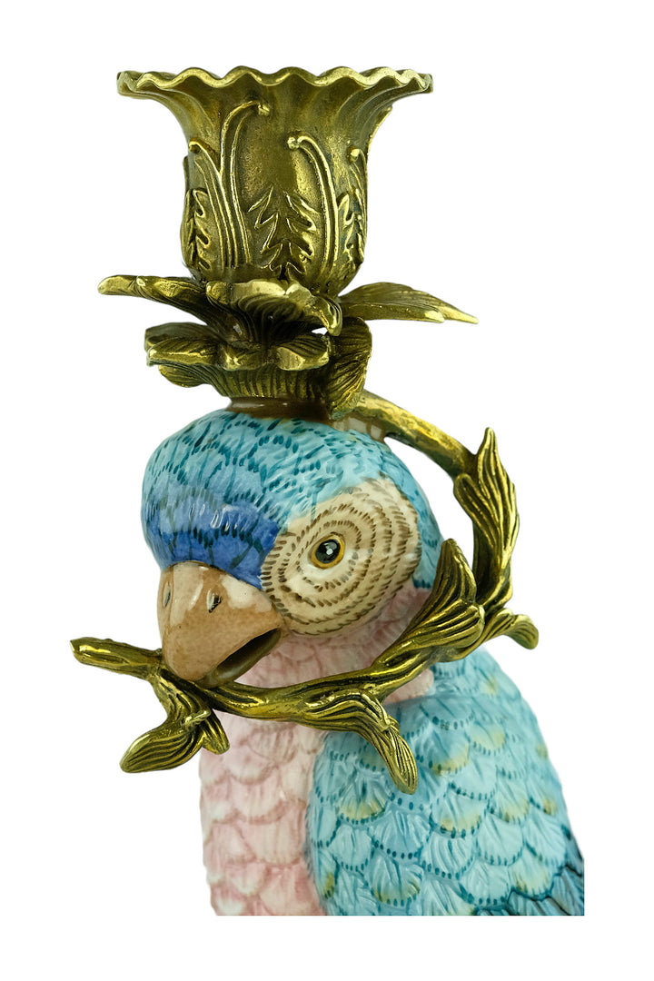 Bronze mounted porcelain parrot candleholders