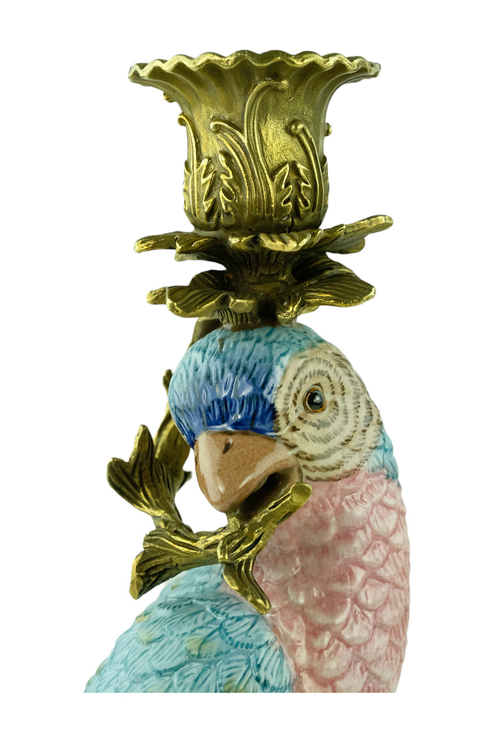 Bronze mounted porcelain parrot candleholders