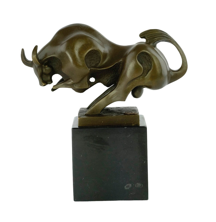 Modern bronze sculpture of a charging bull