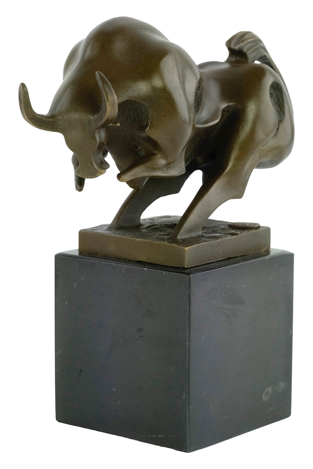 Modern bronze sculpture of a charging bull