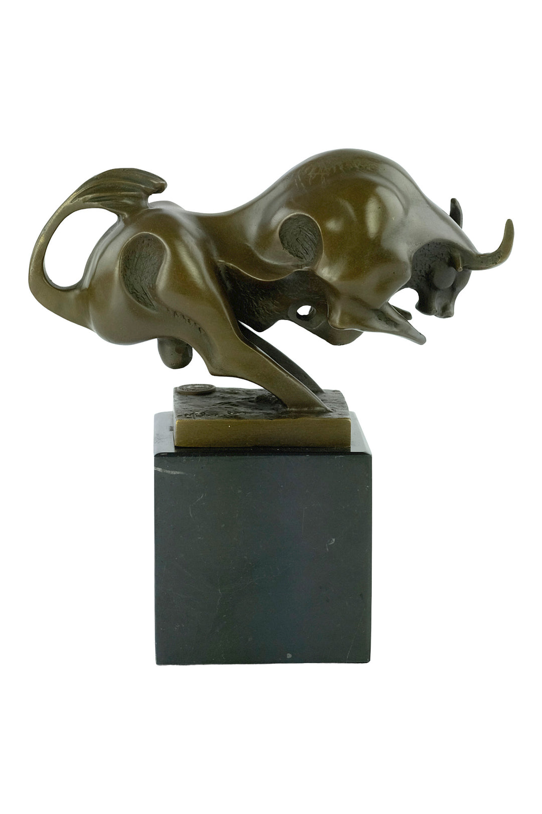 Modern bronze sculpture of a charging bull