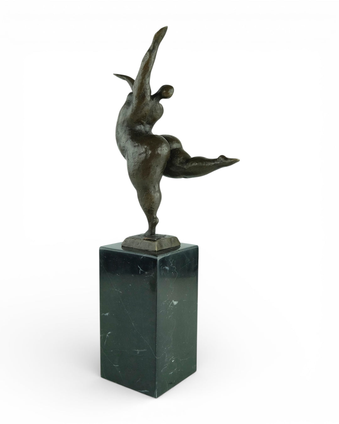 Bronze sculpture of a voluptuous female nude dancing freely
