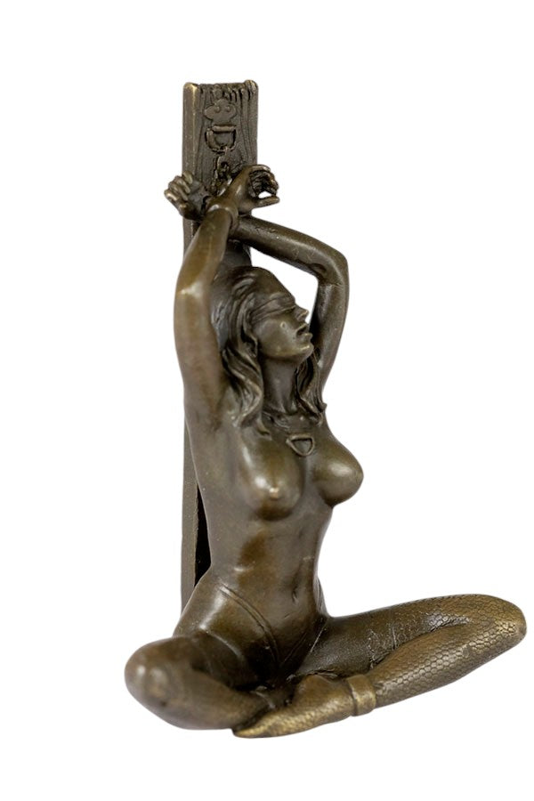 Erotic bronze sculpture of a blindfolded female chained to a pole