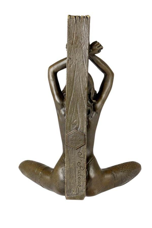 Erotic bronze sculpture of a blindfolded female chained to a pole