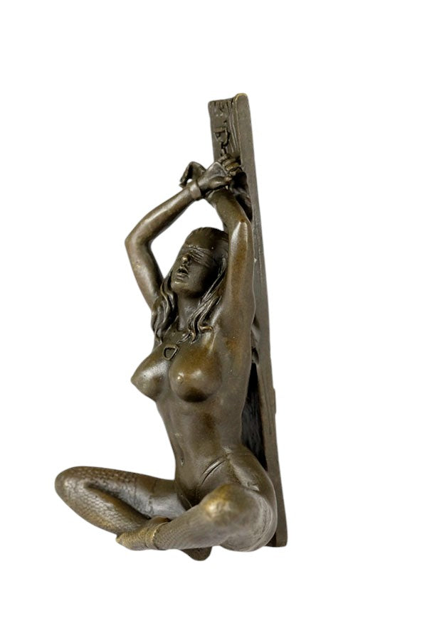 Erotic bronze sculpture of a blindfolded female chained to a pole